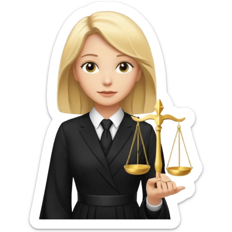 woman lawyer blanche et blonde avec des cheveux mi-long; elle est habillée avec une longue robe noire et une cravate blanche; elle soutient fièrement le symbole de la justice sticker