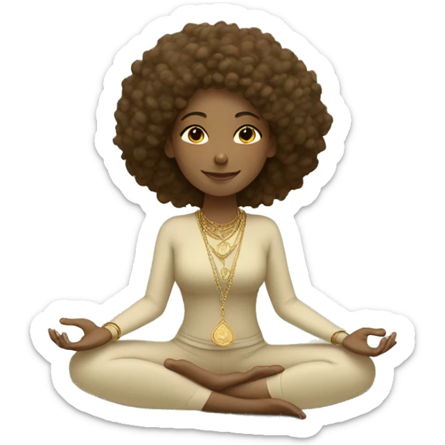 Woman with soft brown curly hair in beige and sage yoga outfit doing a meditation pose with gold jewellery and on a sage yoga mat  sticker