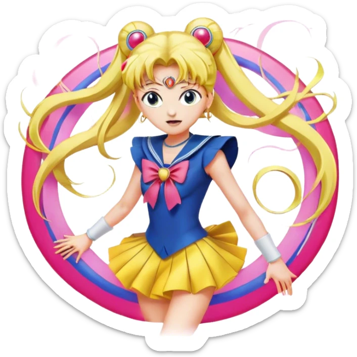 Icon for Anime: vibrant, dynamic scene with characters of Bishoujo Senshi Sailor Moon in action, featuring exaggerated expressions and colorful backgrounds. The design should reflect the distinct, energetic style of anime, with iconic eyes and unique visual elements. Transparent background. sticker