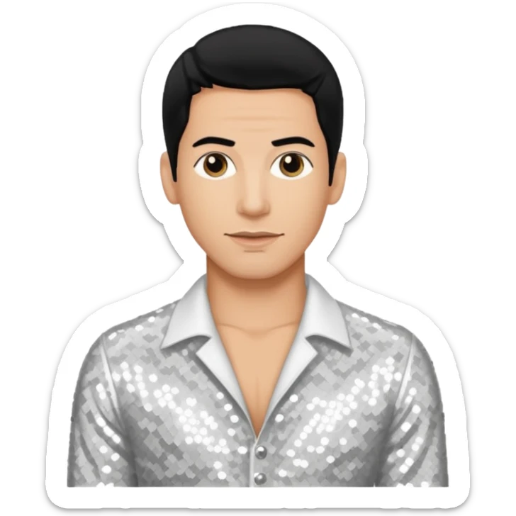 Danny Wood from NKOTB with black hair, white sequin outfit, light tan skin sticker