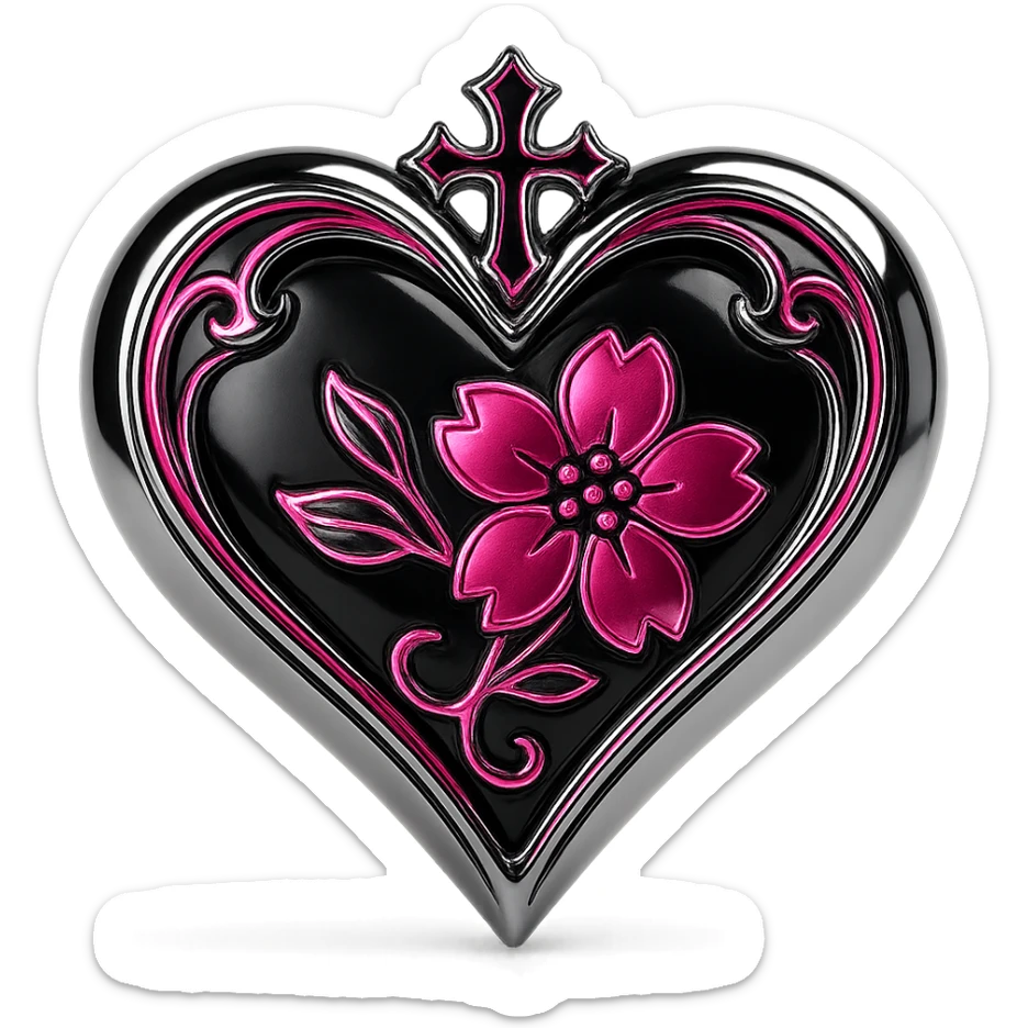 goth sakura heart, y2k aesthetic, glossy black and hot pink, chrome accents, playful and bold sticker
