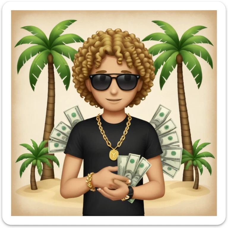 Happy mixed-race person with curly hair, black t-shirt, chain necklace, sunglasses, holding cash in both hands, palm tree beach background sticker