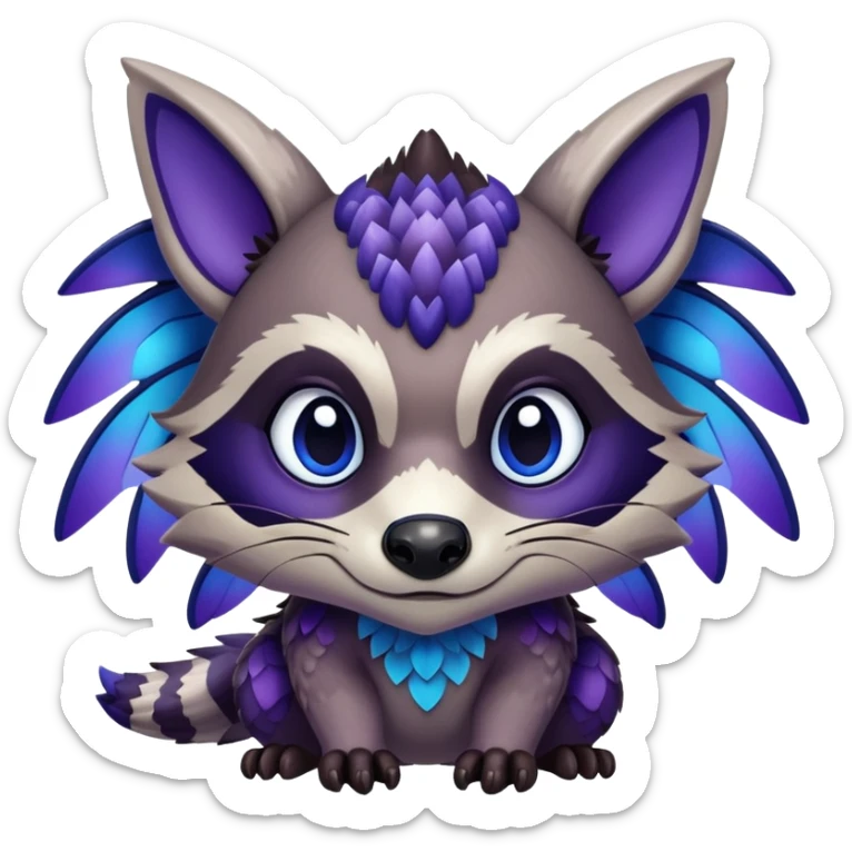 Raccoon dragon hybrid face forward with wings fully body dark purple and blue sticker