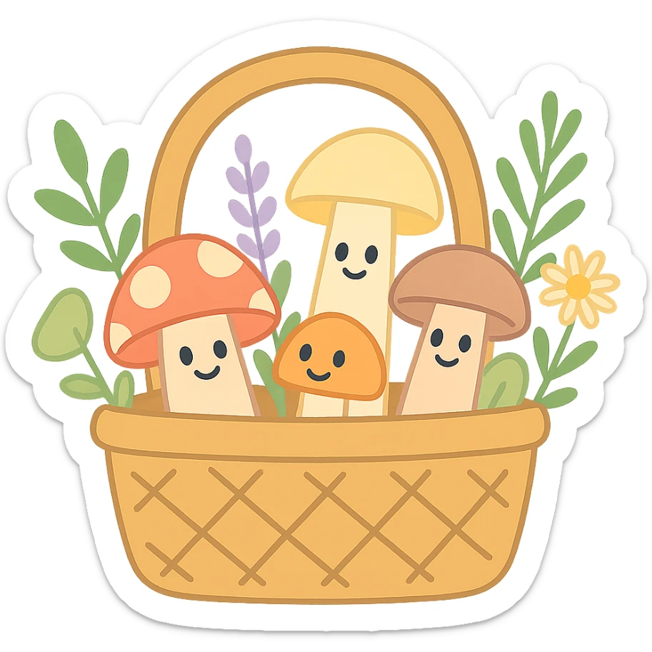 basket full of forest goodies with mushrooms, herbs, flowers in soft pastel colors, pastel-toon style sticker