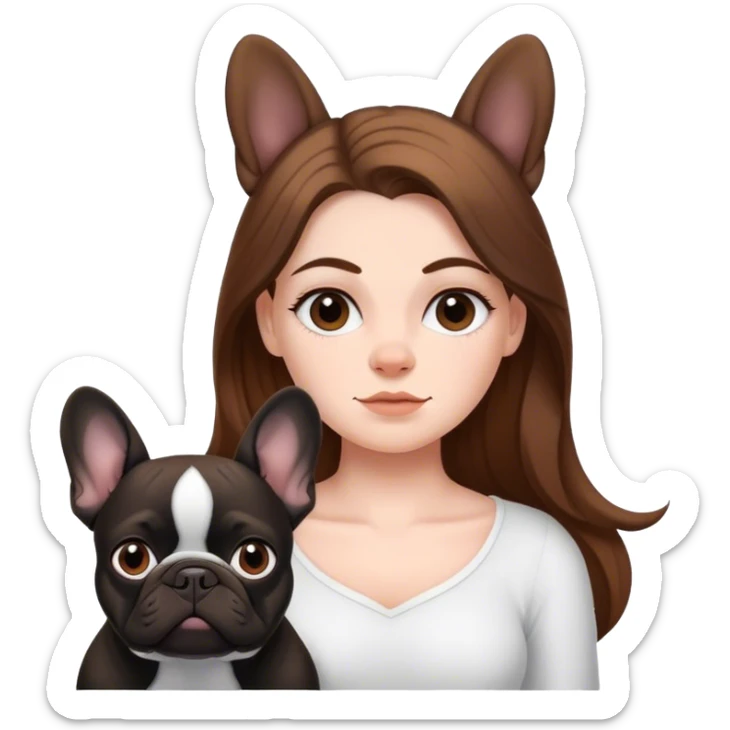 a white girl with brown hair with a black frenchie bulldog with long hair sticker