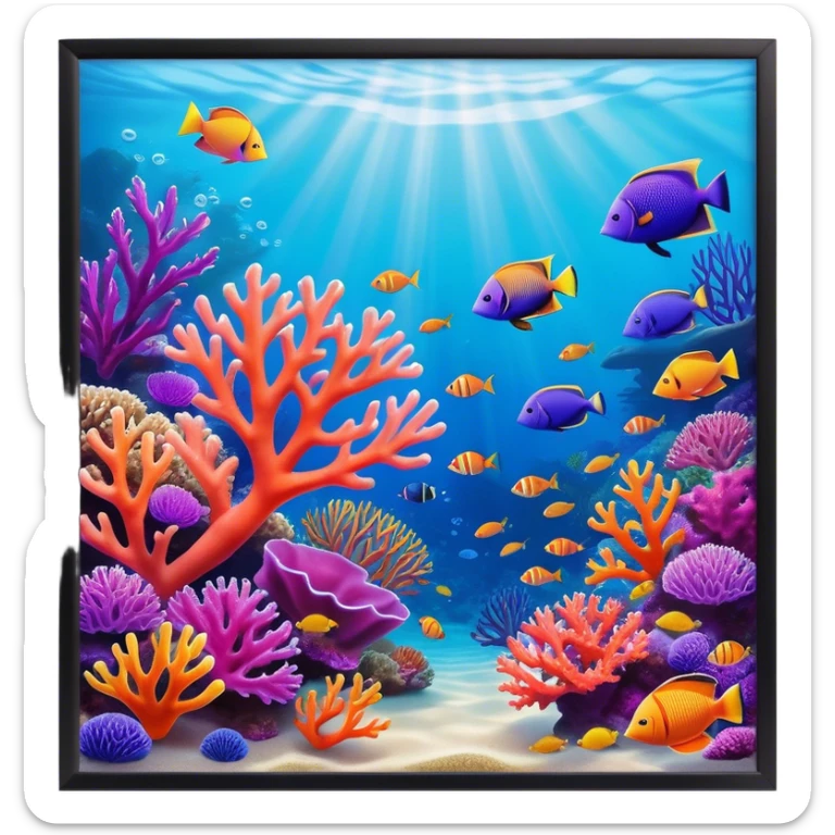 Cinematic Realistic Coral Reef Emoji in a wooden frame, Vibrant and alive, with colorful corals in hues of pink, purple, and orange, swaying gently with the underwater currents. Schools of tropical fish dart between the coral, with soft rays of sunlight piercing through the clear blue water above, creating a magical, serene underwater world. Soft glowing outline, capturing the essence of the bustling, colorful, and peaceful aquatic paradise. sticker