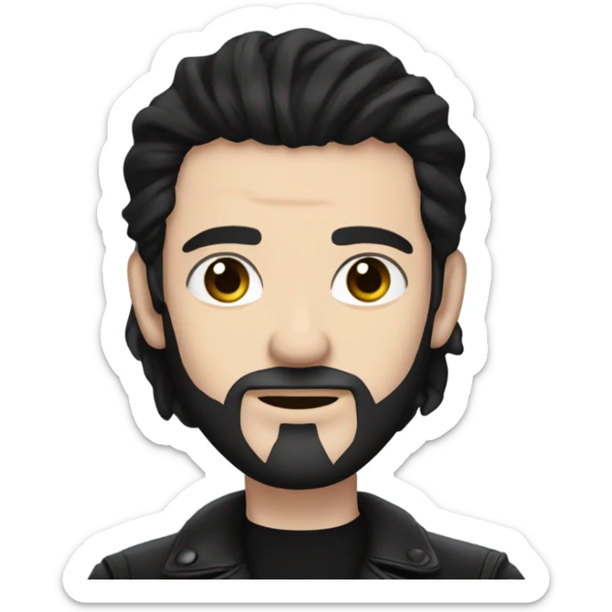  Man with pale skin, very long black hair, black goatee, square jawline, eyeliner, black leather jacket, black pants, black shirt and pentacle necklace sticker