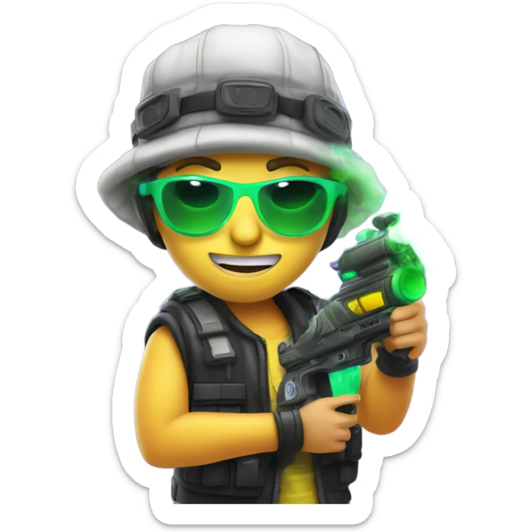 Caucasian boy in glowing rave gear with sunglasses and mask and hat and headlamp and shooting a bubble gun sticker