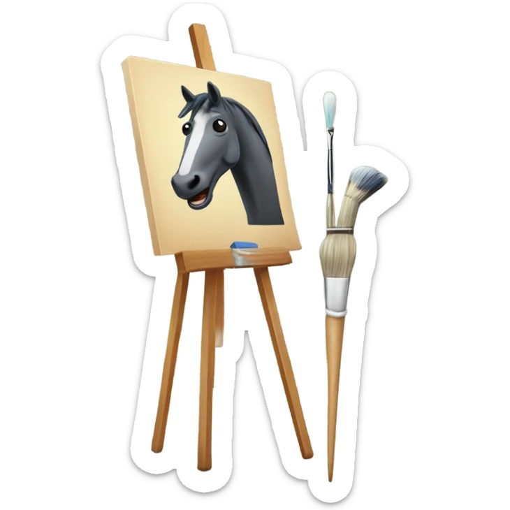 horse standing in front of an easel with a paintbrush in his mouth sticker