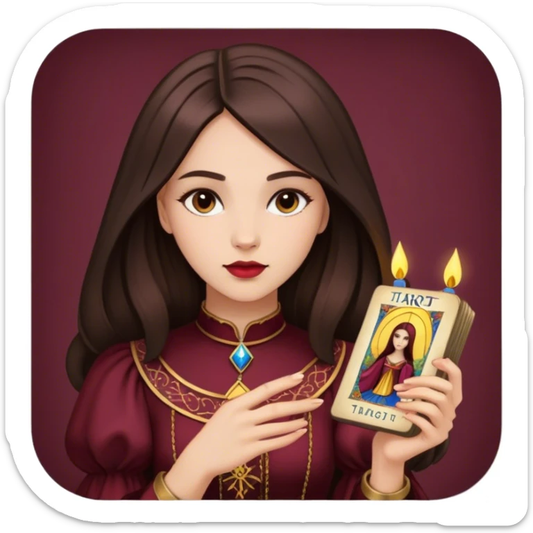 A brunette girl with a square hairstyle reading the Burgundy tarot sticker