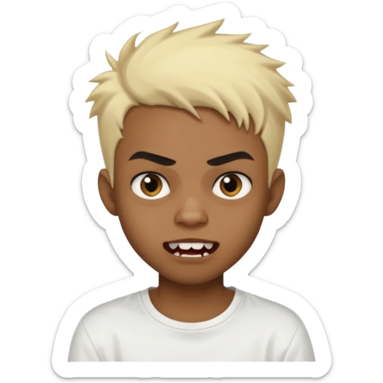 Black Male Teenager with Short punk messy blonde hair, Dark brown bushy eyebrows large expressive golden-brown eyes, wearing a plain white t-shirt, Dark Brown skin color. vampire tooth sticker