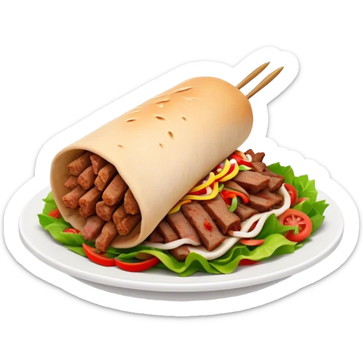Cinematic Realistic Doner Kebab Dish Emoji, showcasing succulent, spiced meat shaved from a rotating spit rendered with lifelike detail and dynamic, appetizing lighting. sticker
