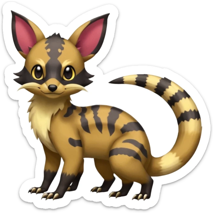 Rare warm-colored exotic cute epic aesthetic colorful Salandit-Eevee-Civet-species-Fakemon-hybrid-creature, with markings, full body sticker
