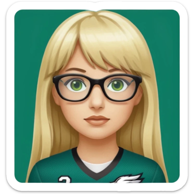long blonde hair with bangs black rectangle glasses female green eyes football player wearing eagles jersey number 33 sticker