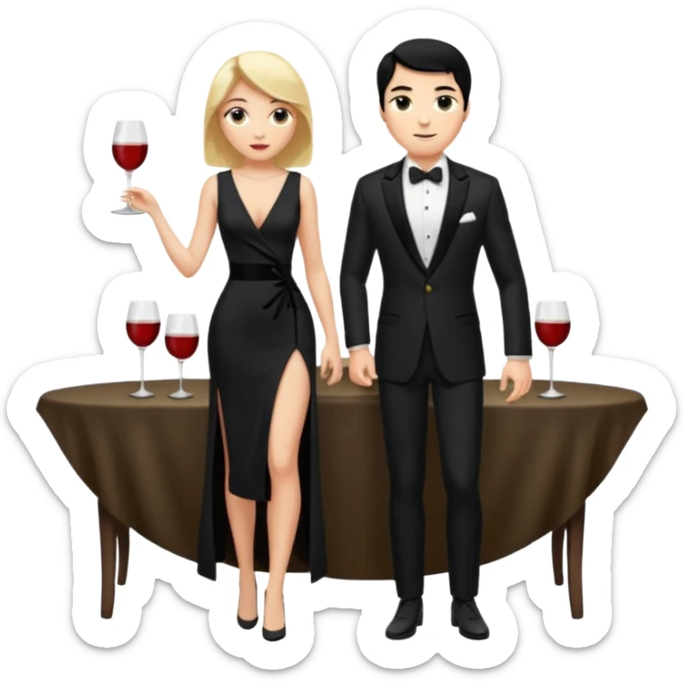 Blonde woman, black, Long, tight, sleveless Dress, Slot left Leg, man, black Hair, in Dinner jacket sticker