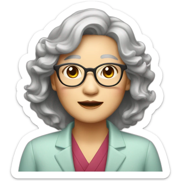 Chinese senior lady wear glasses with wavy long wavy hair sticker