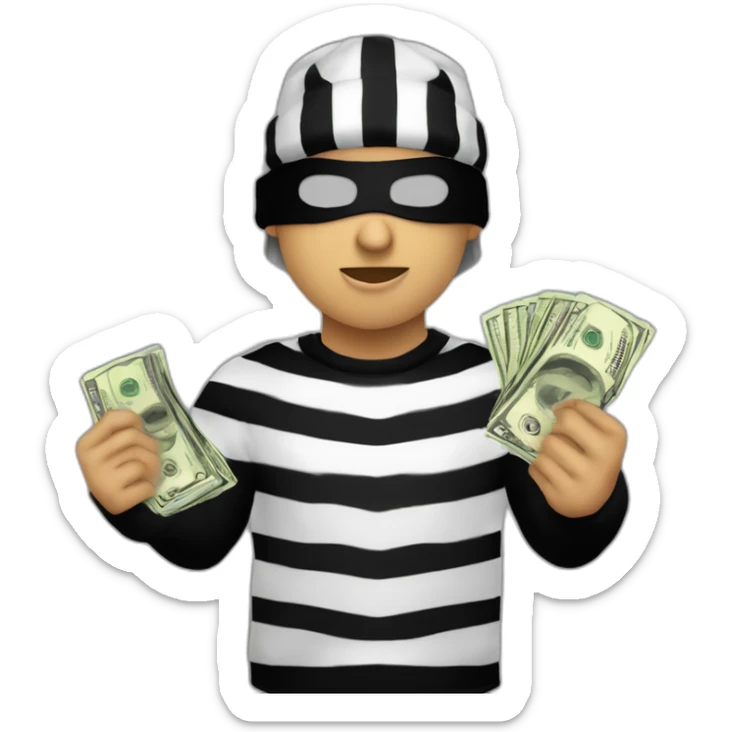 robber with blonde hair wearing a black beanie and a long sleeved white and black horizontally striped t-shirt and wearing black eye mask and holding a bag of money  sticker