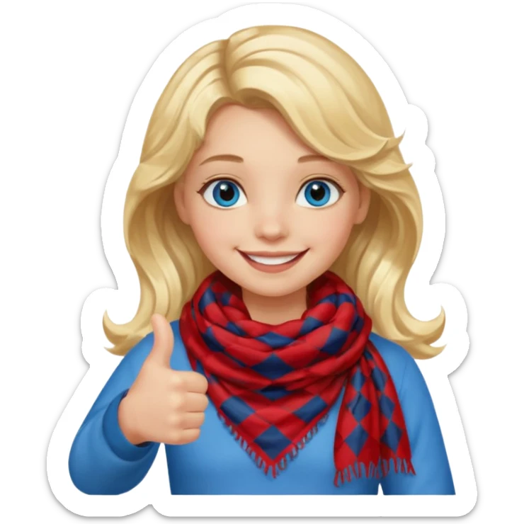 Blonde Girl, Blue Eyes, wavy hair, smiling, thumbs up, wearing red Checkered Triangle scarf sticker