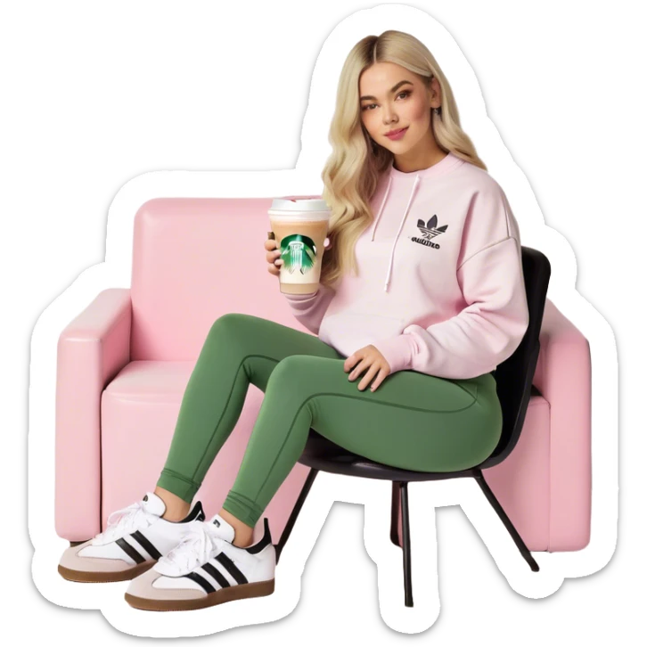 Girl long bright blonde hair middle part with rosy cheeks and plump mauve lips and green colored eyes wearing a white colored sweatshirt and black leggings, adidas OG Samba sneakers sitting in a large pink chair holding a latte sticker