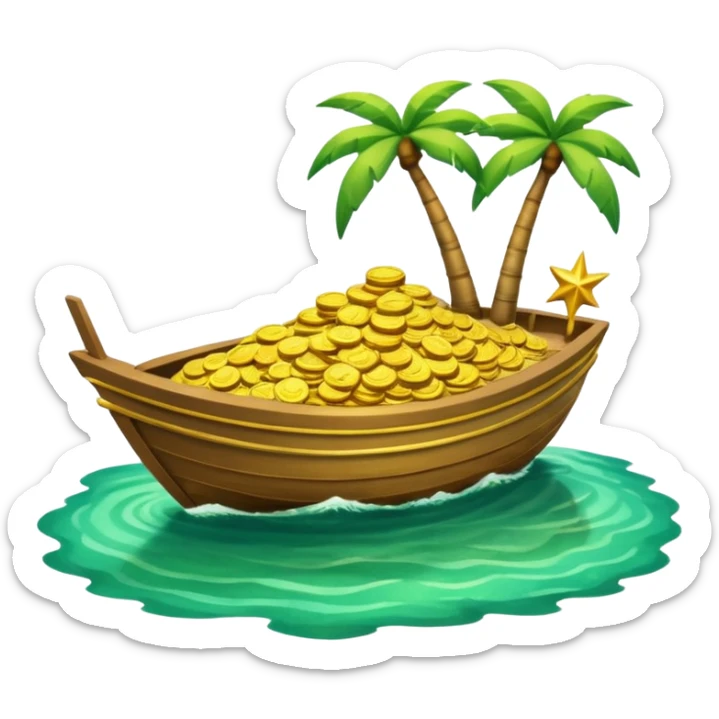 emoji of gold coins on the boat in the sea and an island on the background sticker