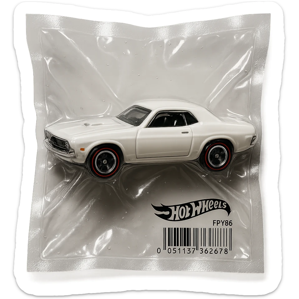 white 1971 Dodge Challenger Hot Wheels toy car, shiny and inflated, inspired by the movie 'Death Proof' sticker