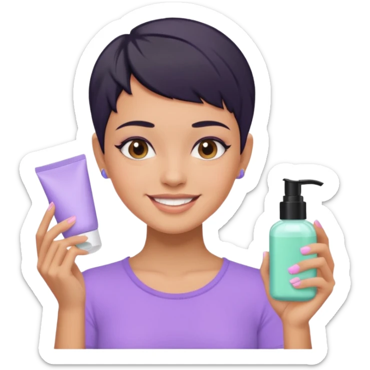 tan girl with pastel purple shirt with black hair & a pixie, doing her skin care sticker