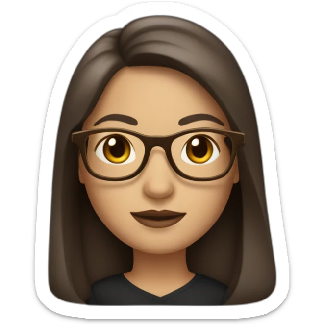 A classic Apple Memoji of a woman with long dark brown hair, brown eyes and golden frame glasses sticker