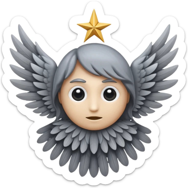 A mystical emoji in the shape of a six-winged angel with gray feathers, no human face, a single large eye in the center, no mouth or facial features, arranged in a star-like pattern, celestial and surreal, iOS emoji style  sticker