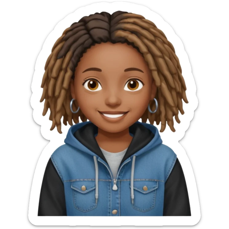 make a black girl with short locs wearing a denim hoodie with black sleeves sticker