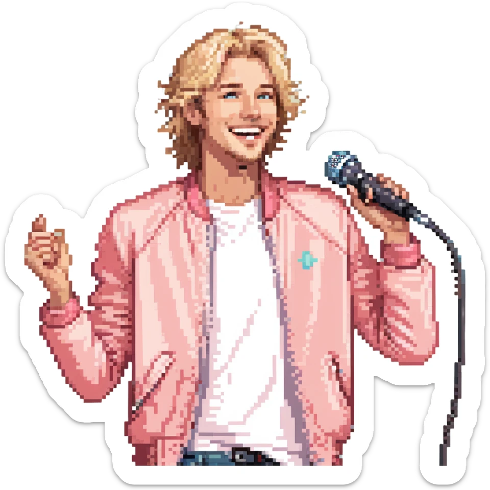 Expressive male performer, Caucasian features, tousled sandy blonde hair, lively eyes, wide cheerful smile, wearing a coral pink jacket over white tee, tossing a microphone in one hand, waist-up, front-facing sticker