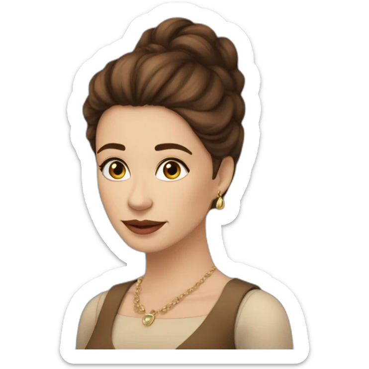 Mujer de 30 años blanca, ojos marrón oscuro,pelo largo y lacio castaño.Parecida a la actriz protagonista de la película crepúsculo, vestenta aesthetic con colores claros y aros colgantes  sticker