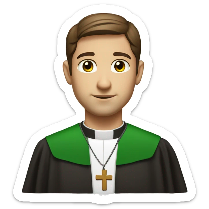 Front view Head and shoulders of a handsome catholic priest with brown hair and light green eyes wearing a clerical collar sticker