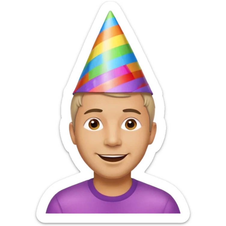 Adult man, short hair, rainbow birthday party hat, cheerful expression sticker