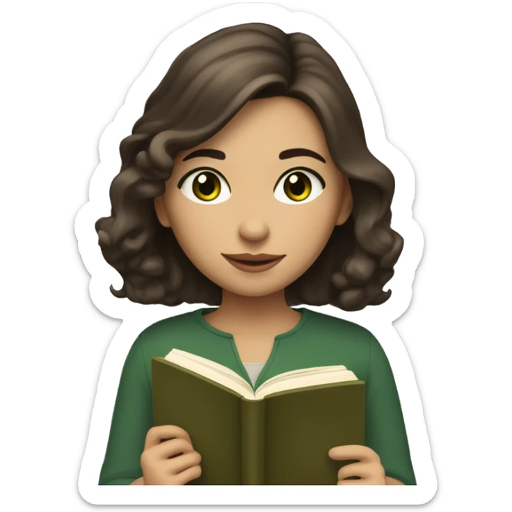 brunette chin length haired girl with beige skin tone and dark green eyes reading a book  sticker