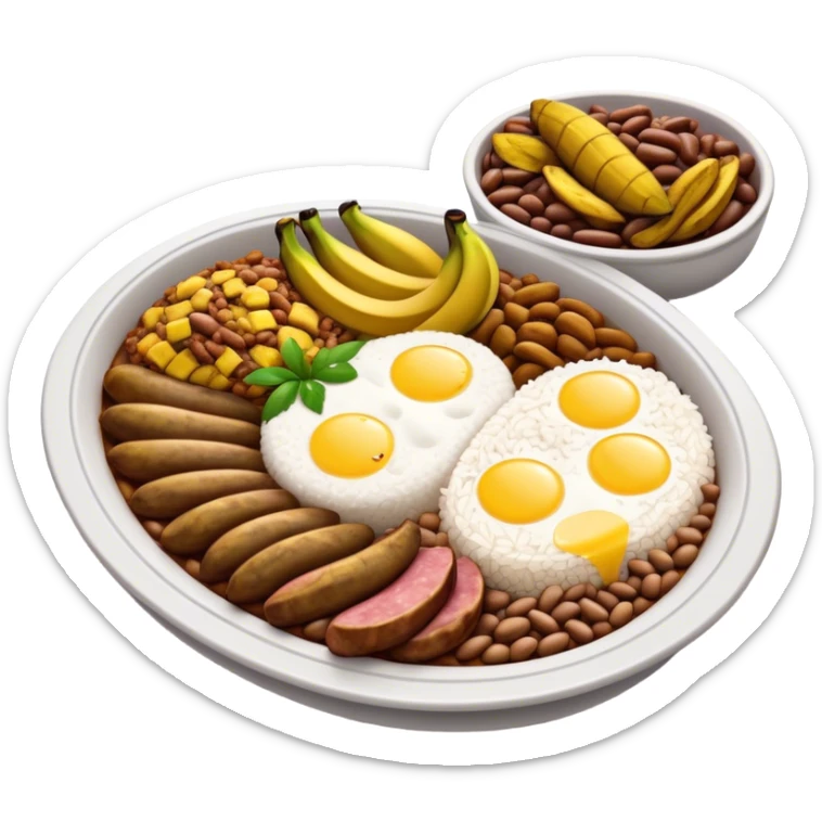 Cinematic Realistic Bandeja Paisa Dish Emoji, depicted as a hearty platter featuring beans, rice, meat, and plantains rendered with detailed textures and vibrant, robust lighting. sticker