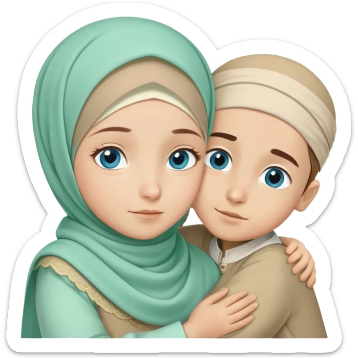 Turkish beautiful finish Konya girl blue eyes mint green beige hijab islamic dress and hugs with little boy brother  sticker