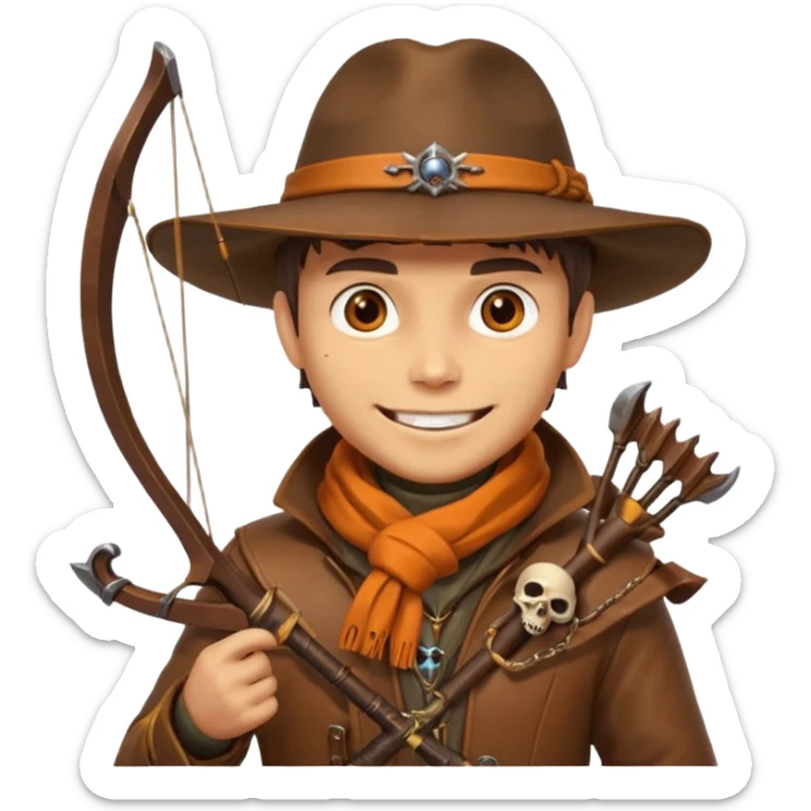 male human monster hunter emoji, wearing brown leather coat and wide hat, holding crossbow, with amulet shaped like skull, Halloween fantasy theme, confident smile, orange scarf, Apple emoji style, clean white background, square image sticker