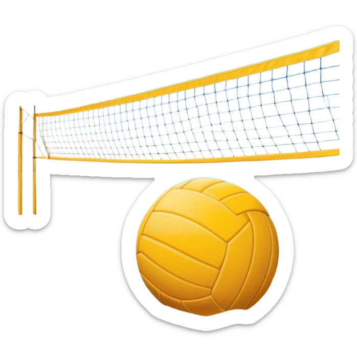 The scene captures the relaxed yet competitive vibe of beach volleyball, with warm sunlight and the natural beauty of the beach. A volleyball resting on the yellow sand on a beach, with the net in the background and a scenic view of the ocean and sky.  sticker