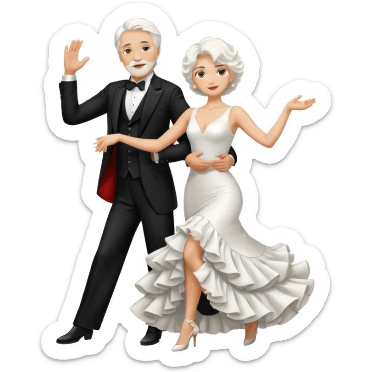 Dancing Tango couple conservative black tux for male and white long rafle dress for woman. Both male and female with white hair. Only one man and one woman sticker