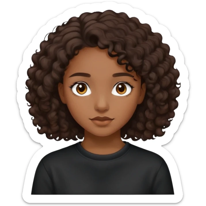 girl with brown skin, dark curly brown hair shoulder length and plain black crewneck t-shirt sticker