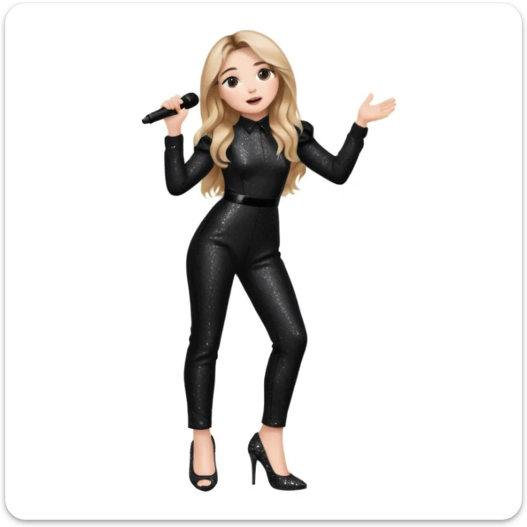 Sabrina carpenter singing at concert wearing a black sparkle jumpsuit and black sparkle heels. There is a huge crowd and light pink stage setting  sticker
