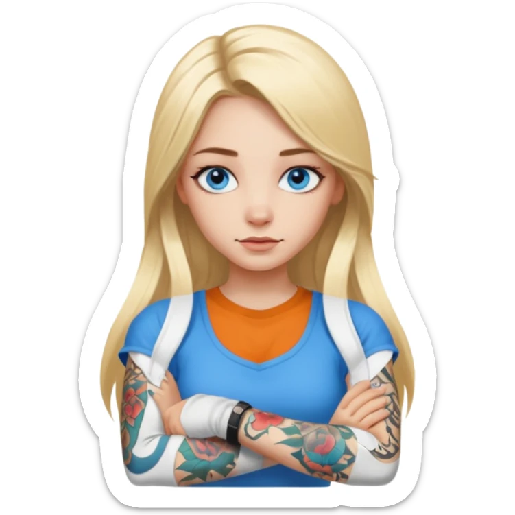 blue eyes girl with long blonde hair and tattoos on arms sticker