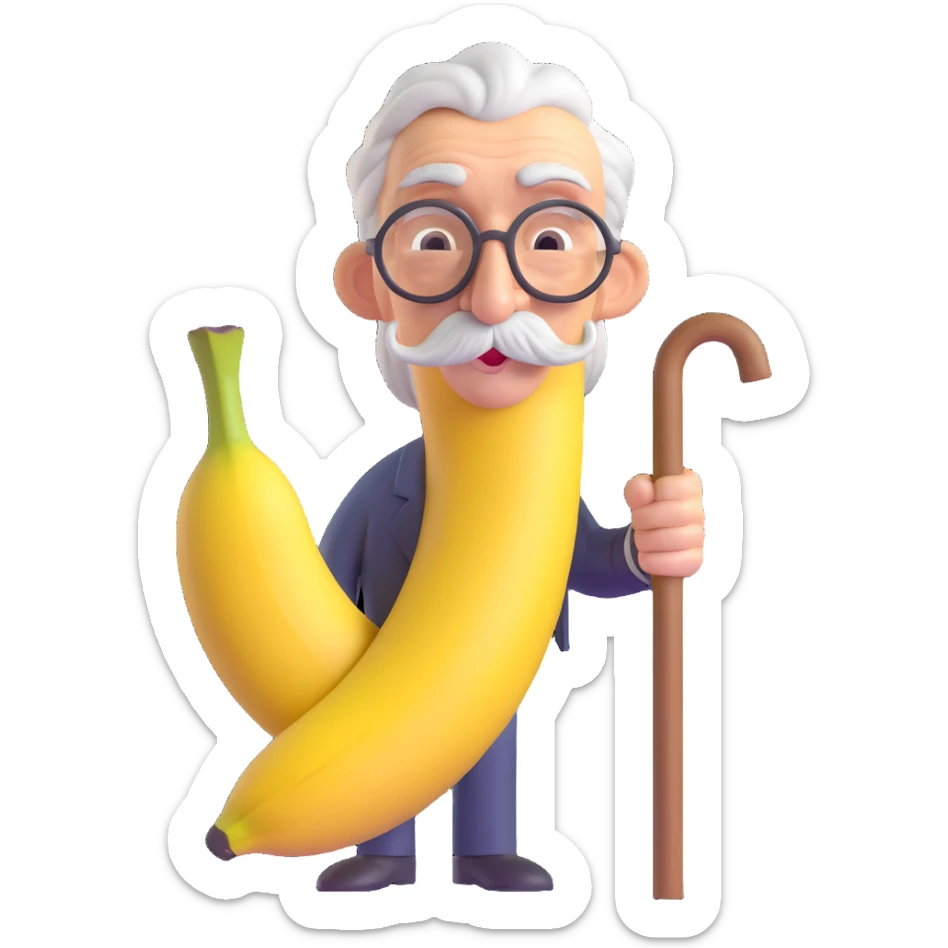 elderly banana, cane, thick gray mustache, deeply wrinkled, frail look, 3D style, simple background sticker