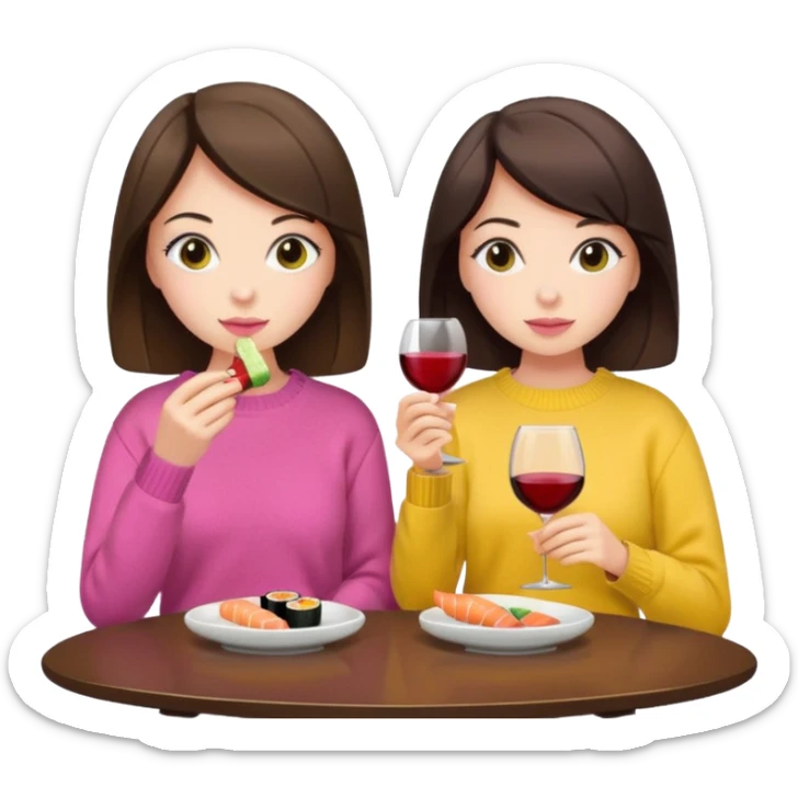 Two brunette girls eating sushi and drinking wine, first girl has a pink sweater and the second girl has a yellow sweater sticker