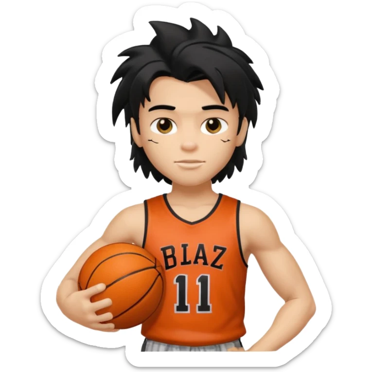 generate a pretty fair bratz boy with a long messy mullet (black hair), carrying a basketball in one hand. Smirking .  Lean but biceps sticker