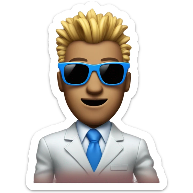 A man is dancing in a blue suit with square sunglasses on his head and a mohawk with a boombox sticker