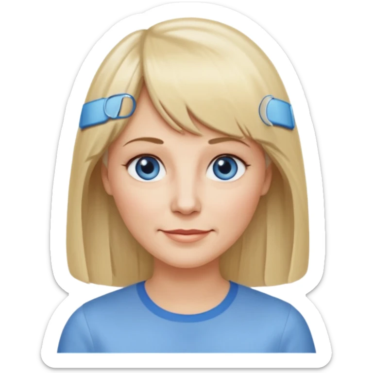 50 yr old white woman, center parted hair with bangs, very long straight blond hair, oval face, small smile, blue eyes, thin face, hair downback, hair parted at center of head, round cheeks, pale, longer hair, white shirt sticker