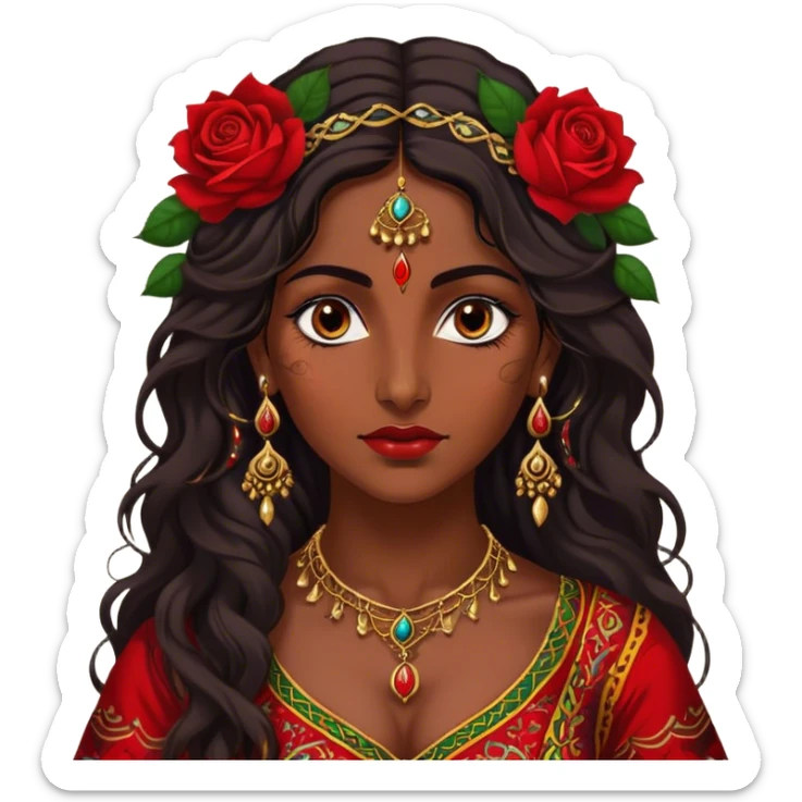 A beautiful Romani woman with deep, expressive eyes and long, wavy dark hair. She wears a vibrant, traditional outfit with intricate patterns and golden jewelry. A single red rose is tucked behind one ear, adding a touch of elegance. Her expression is confident and mysterious, with warm lantern light casting a soft glow on her face, evoking a sense of freedom and passion sticker