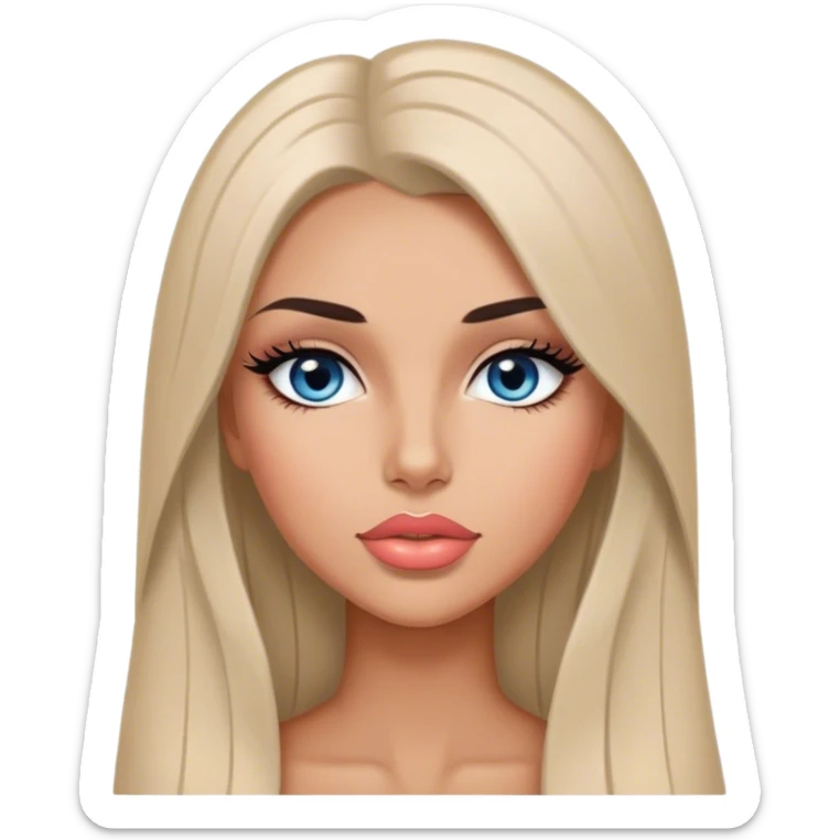 Glamours, tanned, very beautiful girl, with big pump peach-beige-rose lips, long long lashes, black straight smooth silky long hair, straight parting hair, blue-grey eyes sticker