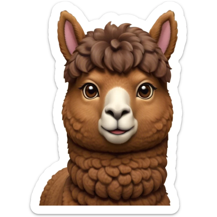 Cinematic Noble Brown Alpaca Portrait Emoji, Poised and regal, with a sturdy, graceful build and a rich, well-groomed brown fleece, deep-set soulful warm eyes, Simplified yet sharp and sophisticated features, highly detailed, glowing with a soft, dignified glow, high shine, intelligent and serene, stylized with an air of pastoral elegance, focused and attentive, soft glowing outline, capturing the essence of a watchful and confident companion, so majestic it feels as though it could stride out of the screen with effortless authority! sticker